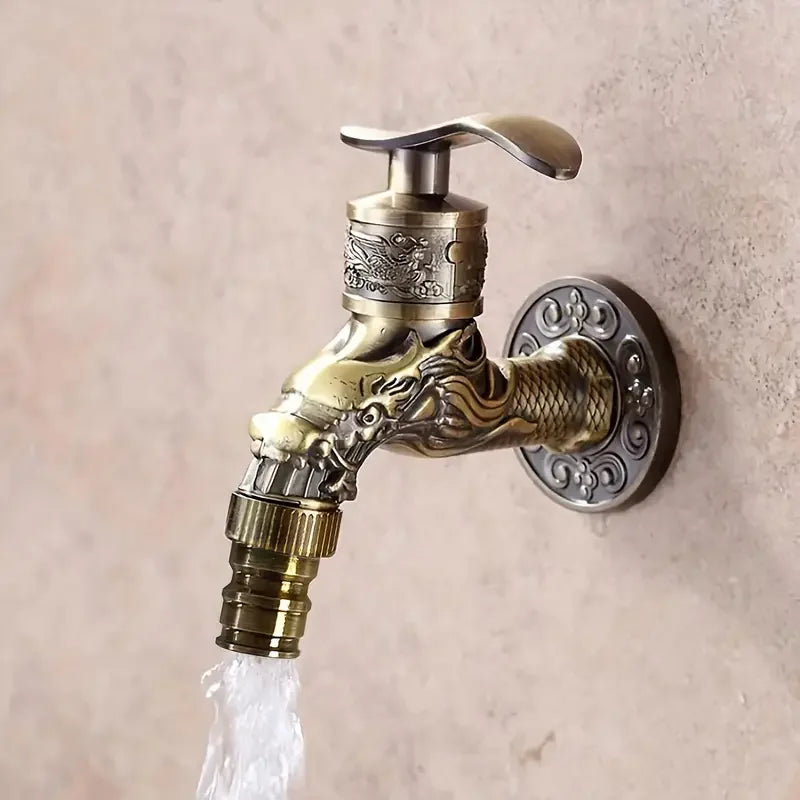 Retro Wall-Mounted Single Cold Faucet | Engraved Zinc Alloy