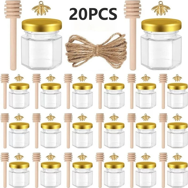 45ml Hexagonal Mini Glass Honey Jar with Wood Dipper Bee Pendants and Jutes Yogurt Pudding Glass Bottle Suitable for Party Gifts Oasis Select