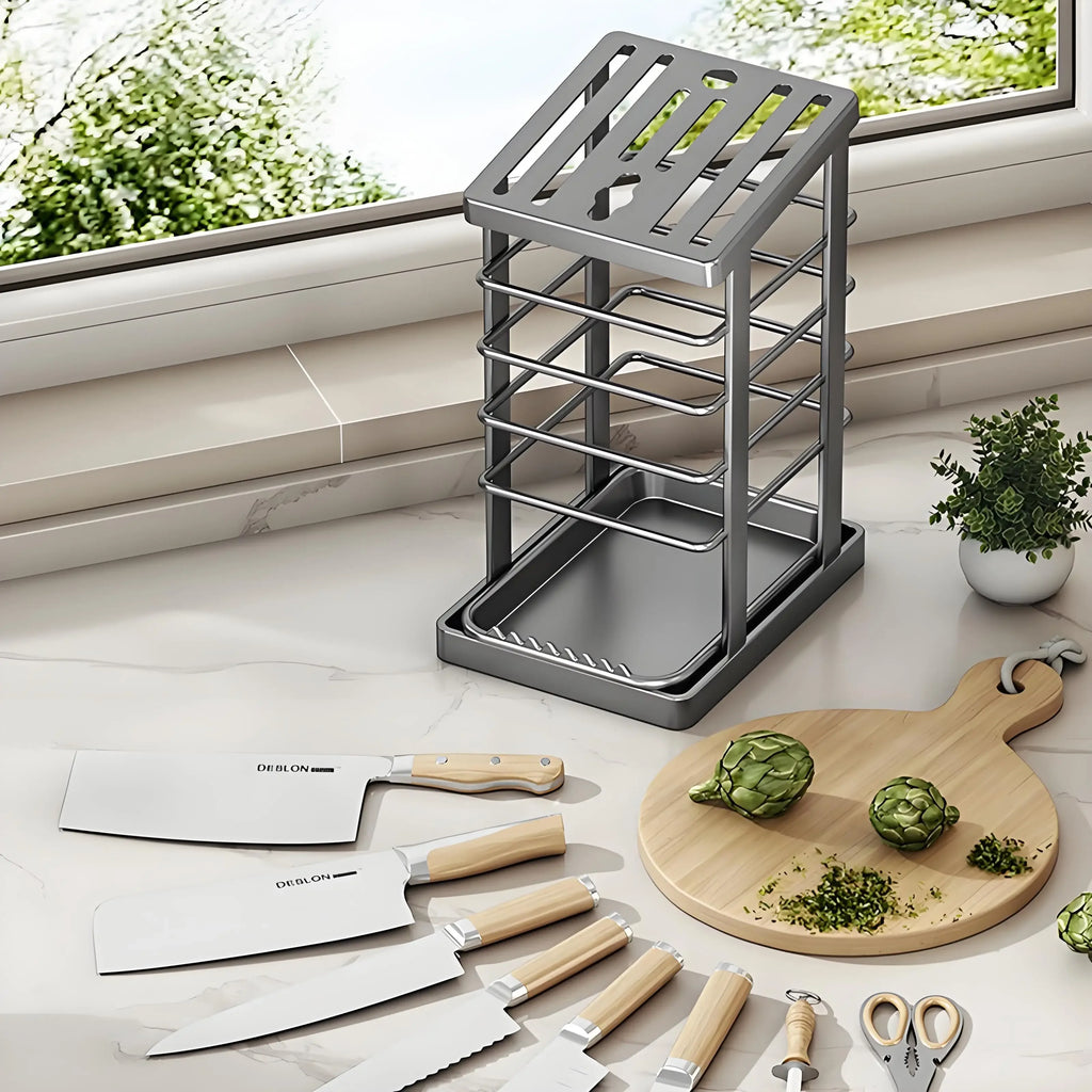 Stainless Steel Knife Holder With Tray Large Chef Knives Scissors Stand Kitchen Supplies Tool Storage Rack Home Organization Oasis Select