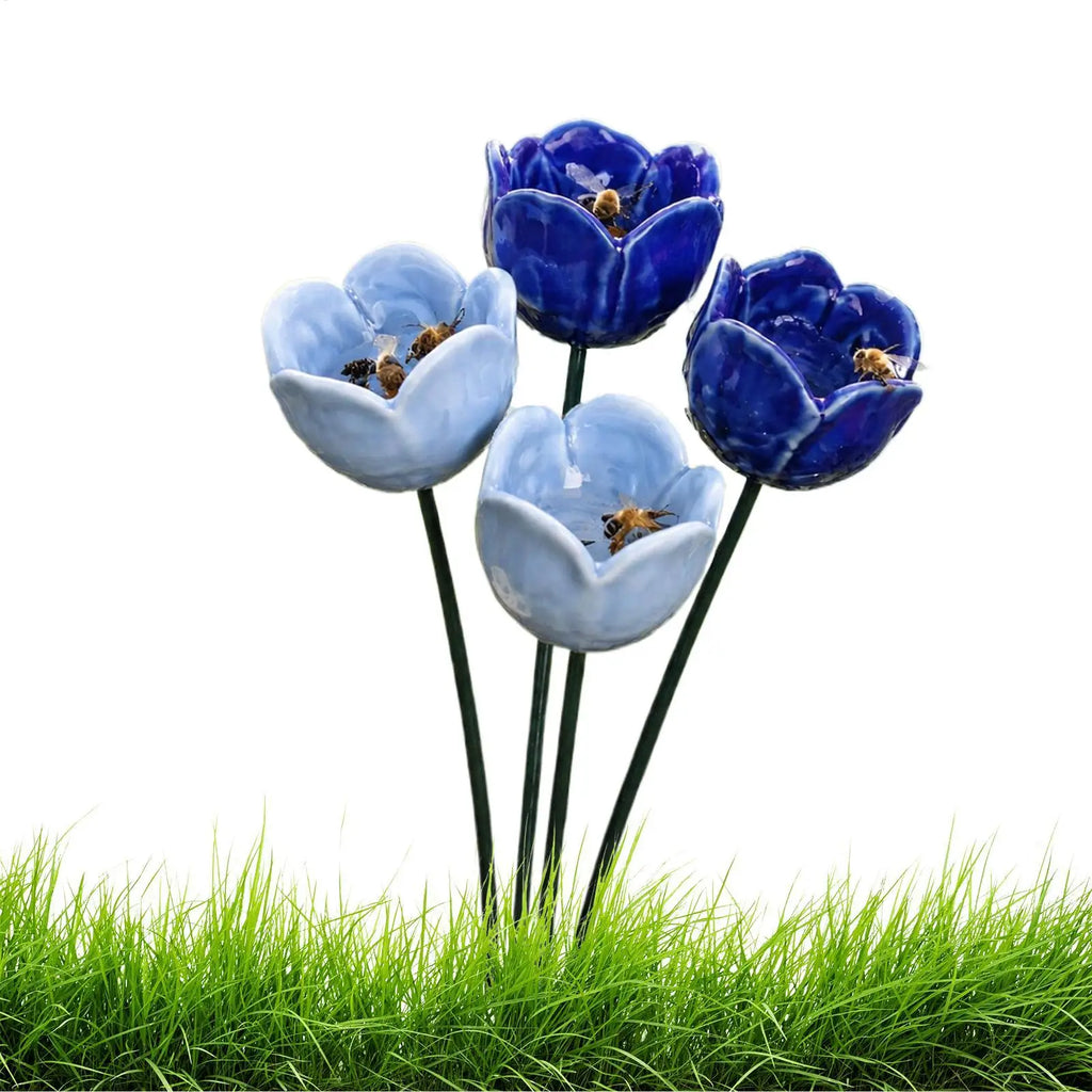 4Pcs Flower Shaped Bee Watering Station Metal Flower Garden Stake Bird Bath Butterfly Water Feeder Garden Bird Bath Bowls