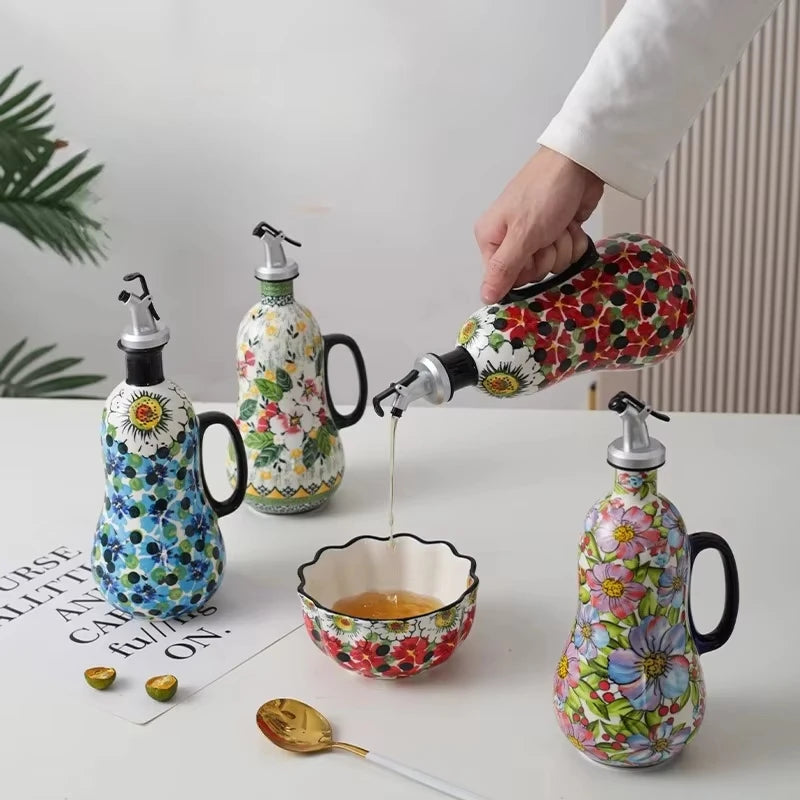 Flowers Plants Ceramic Olive Oil Bottle Soy Sauce Vinegar Multifunctional Kitchen Seasoning Drainage Bottle Kitchen Accessories Oasis Select