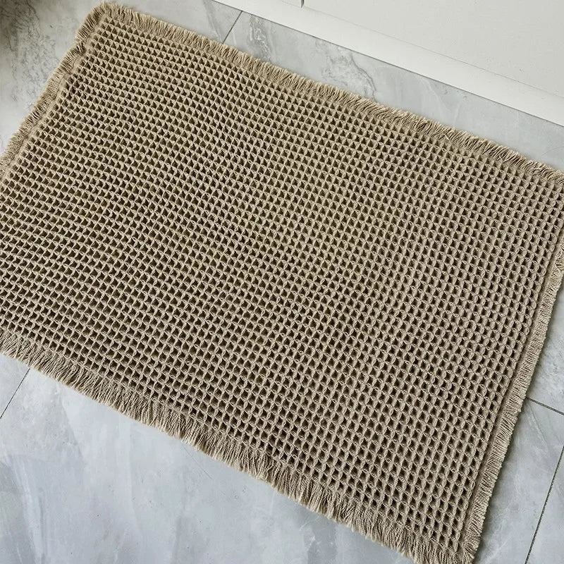 Linen Woven Doormat and Bath Mat with Waffle Design Quick Drying Super Absorbent with Jute Backing for Nordic Home Style Oasis Select brown 43 61CM