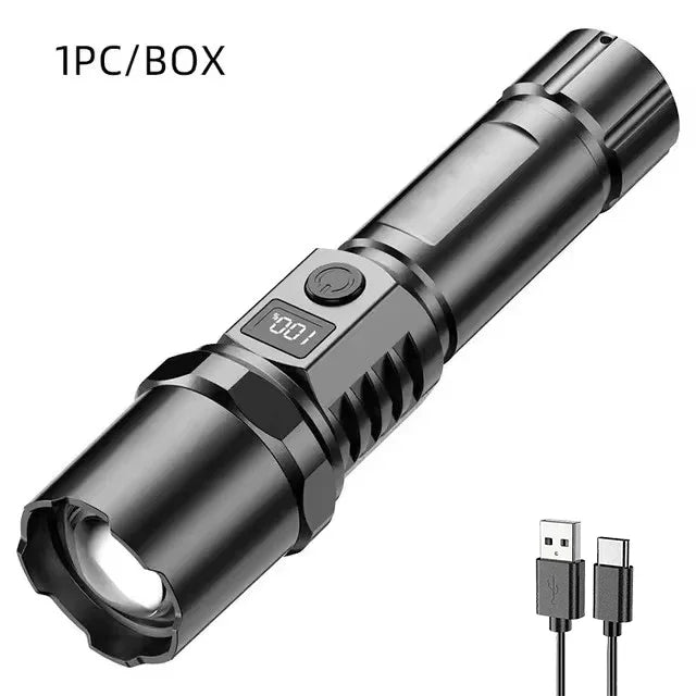 KDULIT High Power XHP100 Led Flashlight Built-in Battery Rechargeable Digital Display Zoom Torch for Outdoor Camping Emergency Oasis Select Package A 1PC
