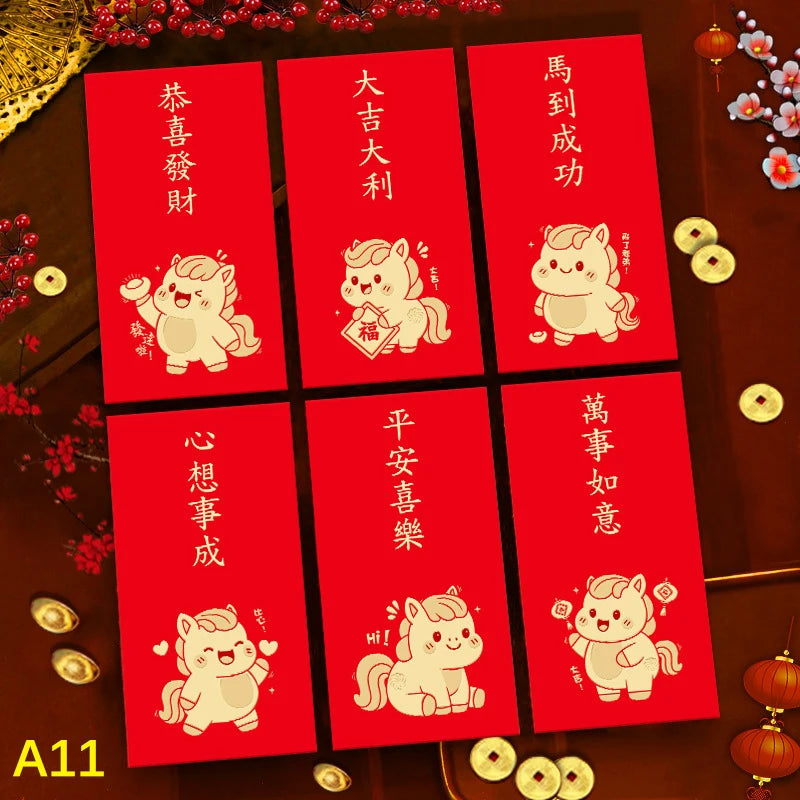 6Pcs/set Chinese New Year Money Envelope Horse Year Red Envelope Red Pocket Spring Festival Envelope Oasis Select A11
