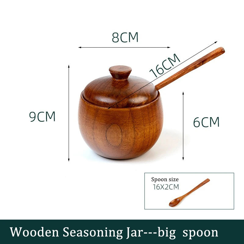 Wooden Seasoning Jar Creative Kitchen Retro Salt Sugar Pot Seasoning Storage Jar With Lid Spoon Wooden Tray Storage Containers Oasis Select 1pc big