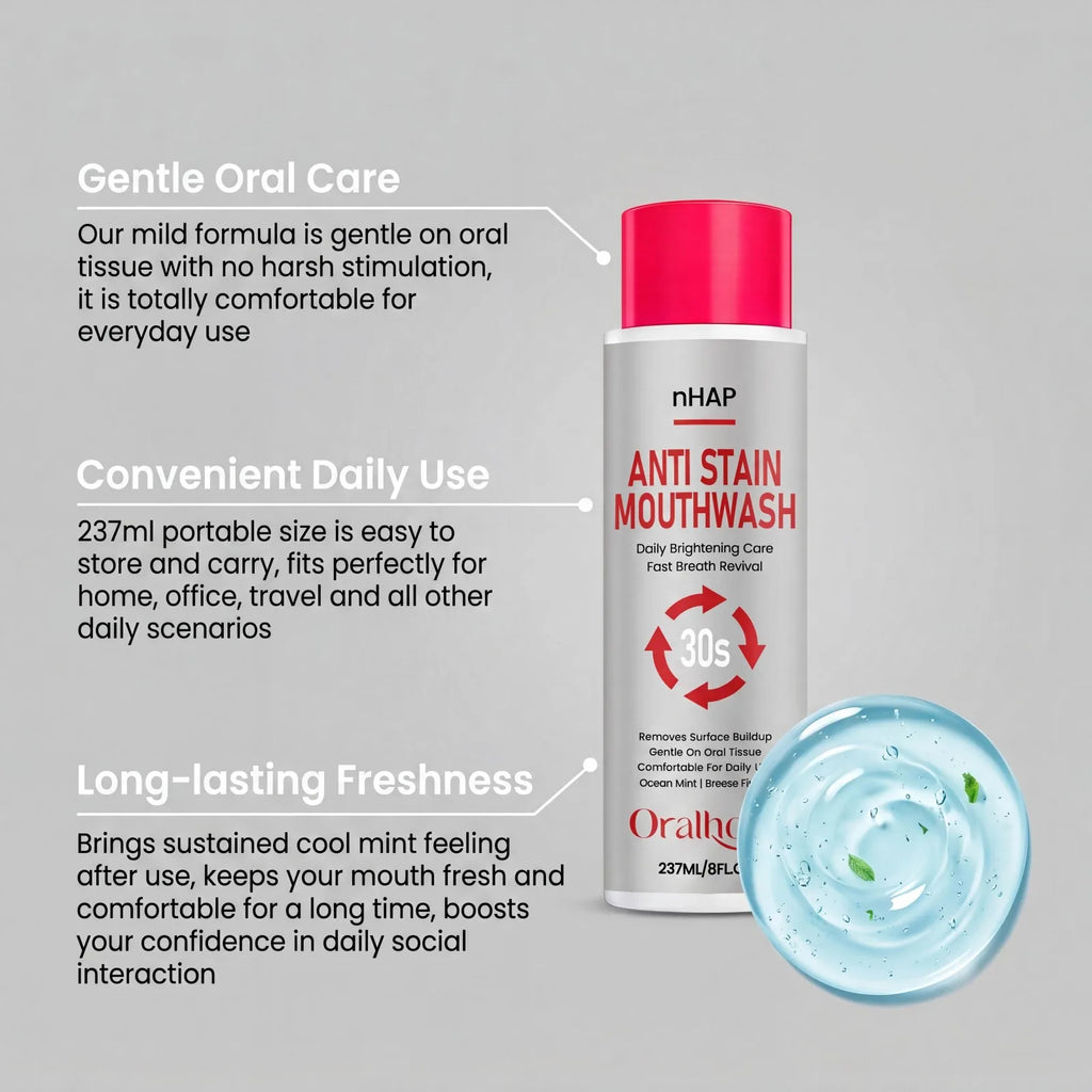 nHAP Anti Stain Mouthwash Whitening Breath Freshening Removes Surface Buildup Gentle Oral Care Mint Long Lasting Home Care 237ml Oasis Select