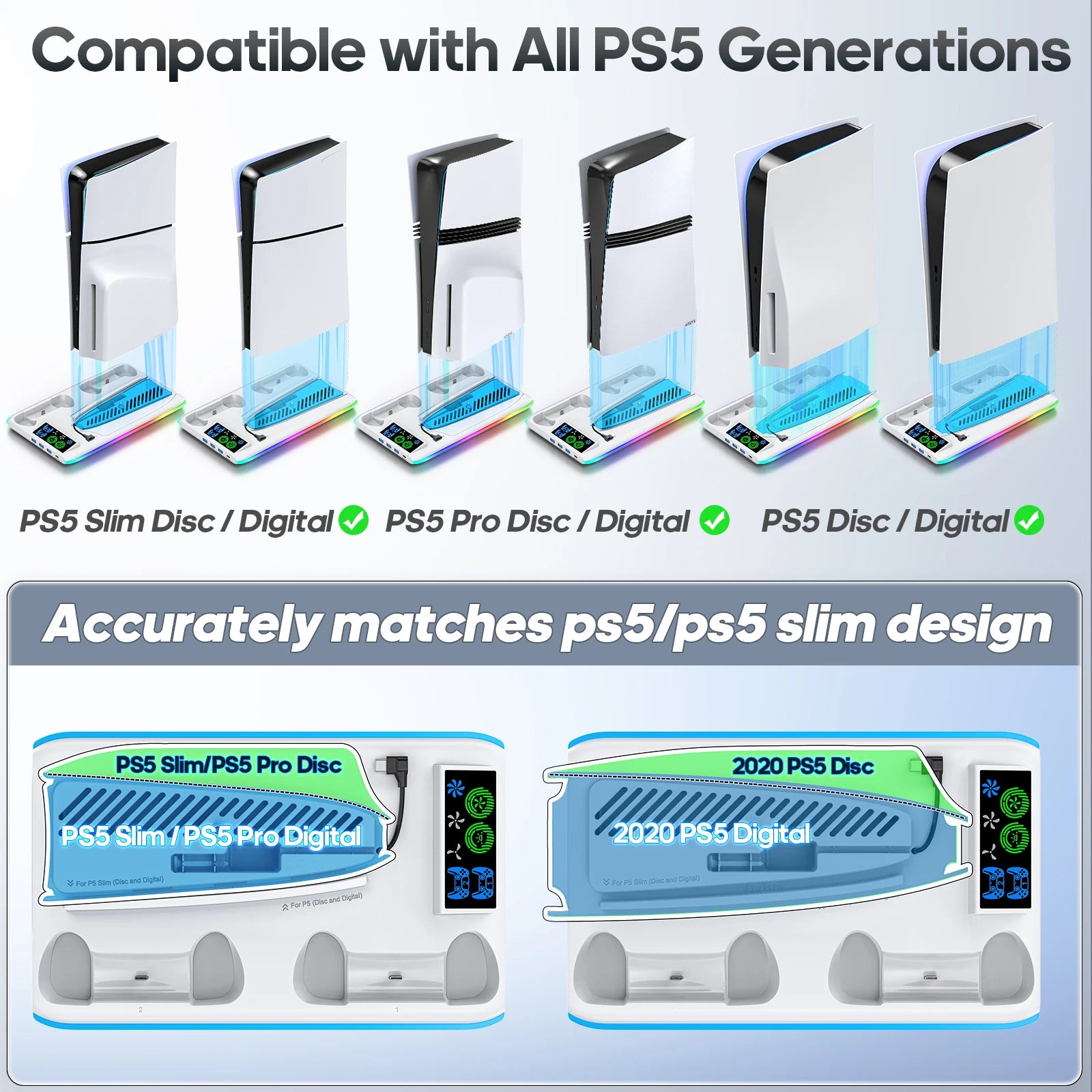 PS5 Stand with Cooling Fan, RGB Lighting & Controller Charging Hub