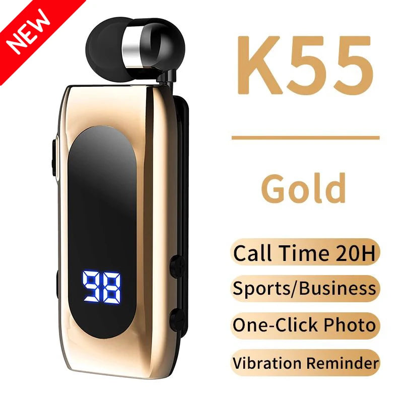 # K55 Lavalier Business Bluetooth 5.2 Headphone Talk/Music Time 20 Hours,LED Digital Display,Noice Cancelling Wireless Earphones Oasis Select K55 Gold