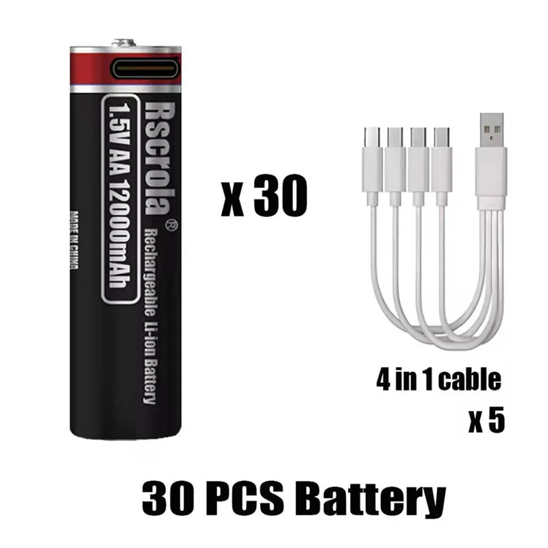 1.5V AA Rechargeable Lithium Battery 12000mAh with Type-C Cable, Stable Output for Camera, Mouse, Toys, Flashlight Oasis Select 30 PCS AA Batteries