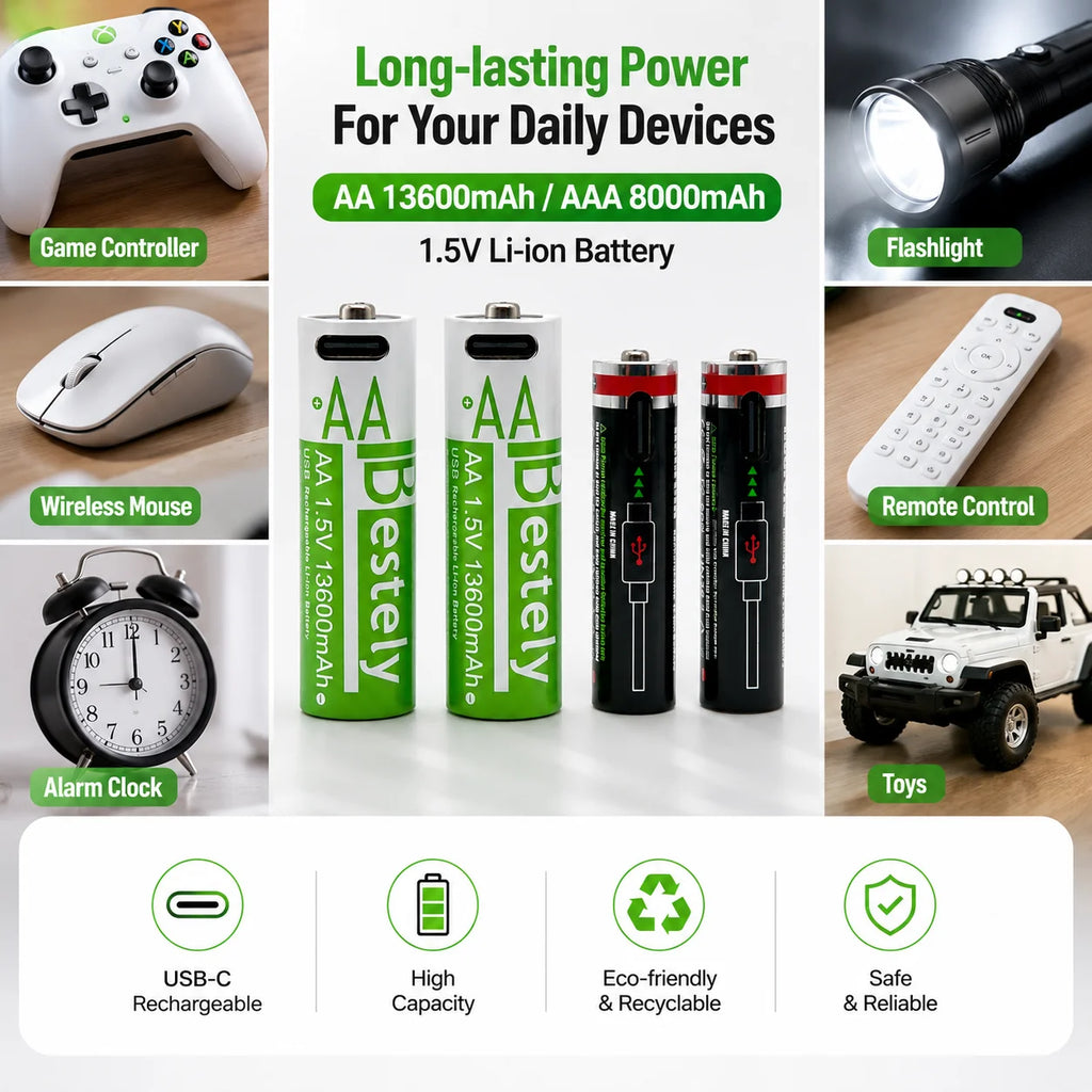 AA + AAA High capacity Rechargeable Lithium Batteries USB Fast Charging 1.5V Li-ion Long Lasting Battery for Toys Camera Mouse Oasis Select