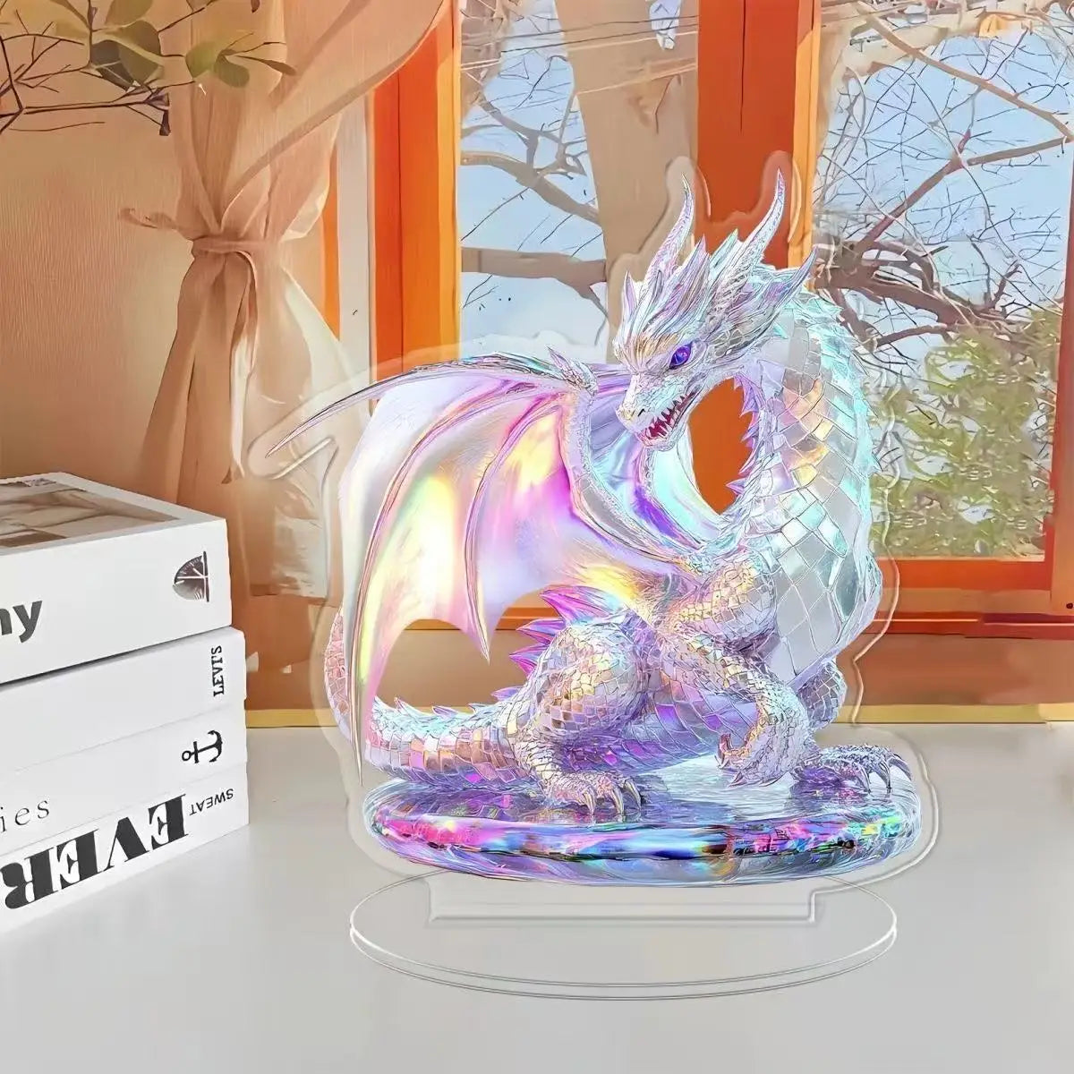 Acrylic White Crystal Dragon Statue 2D Flat Cool Figurine Home Office Cafe Room Studio Display Case Table Ornament Decor Gift Oasis Select Colored dragon