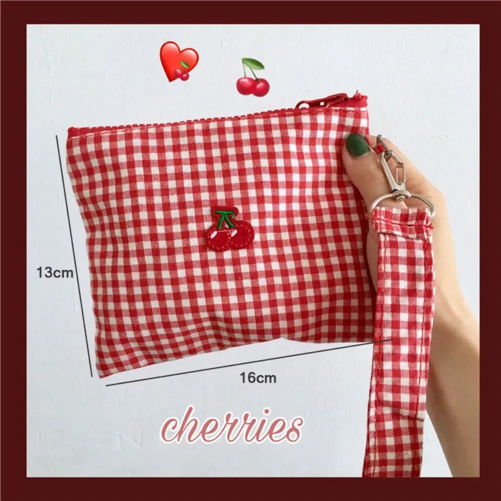 Embroidered Cherry Canvas Cosmetic Bag | Zipper Travel Makeup Pouch