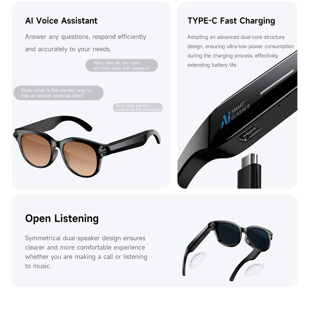 Bluetooth Call Sunglasses Men AI Smart Glasses Real-time Translation Dual Camera Shoot Audio Video Music Player Multifunctional Oasis Select