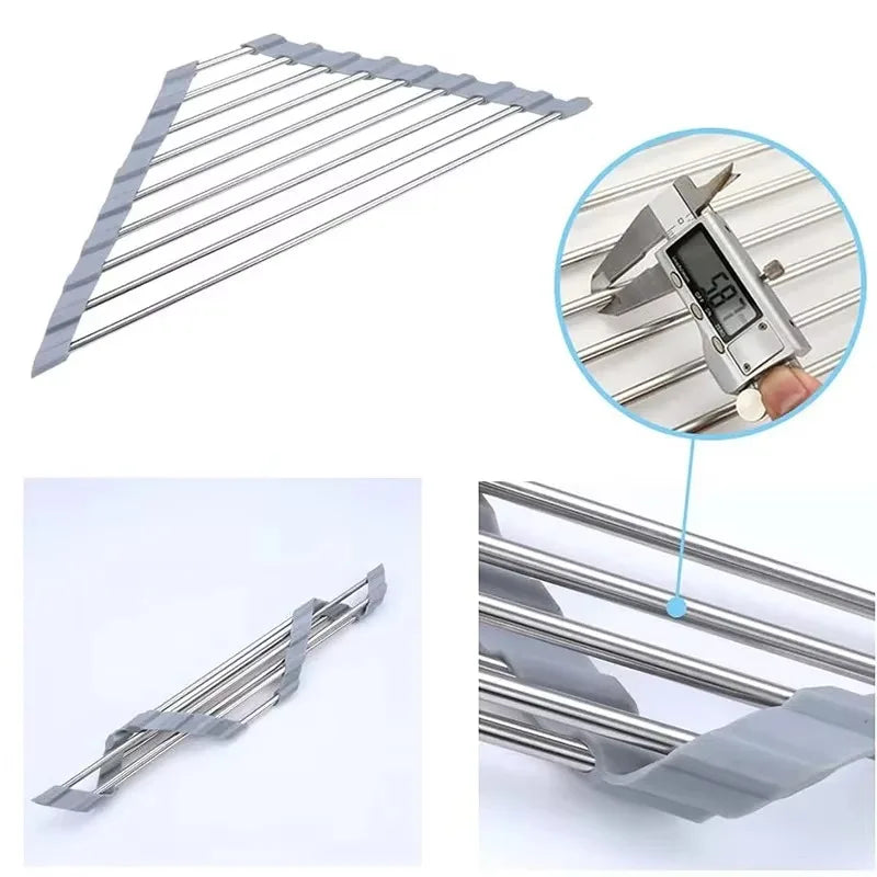 Roll Up Triangle Dish Drying Rack Kitchen Sink Organizer Corner Over the Sink Sponge Rag Holder Foldable Stainless Steel Drainer Oasis Select