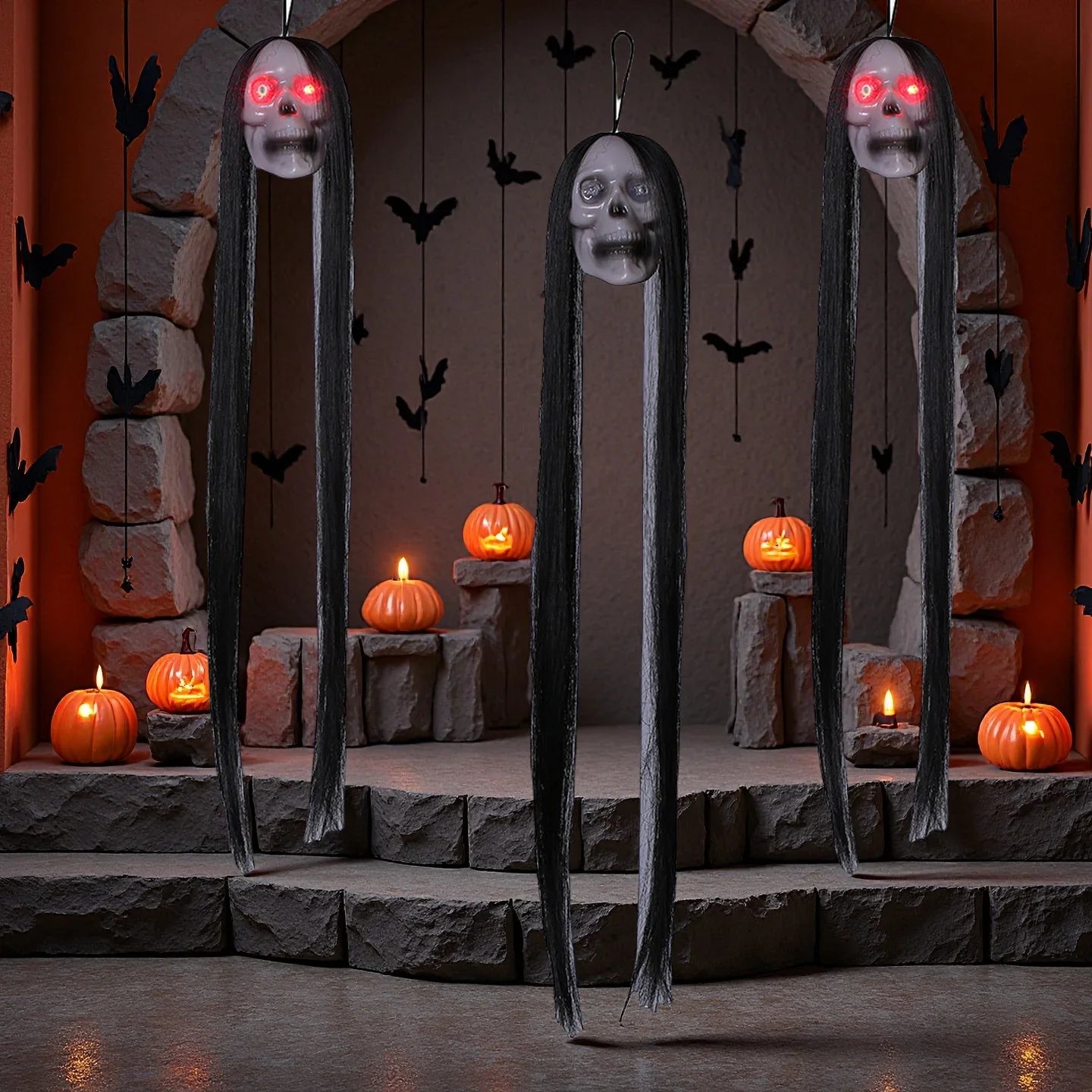 Halloween Hanging Ghost Skull with Long Hair Glowing Eyes Terror Skull Ghost House Head Skeleton Props 2024 Halloween Decoration Oasis Select