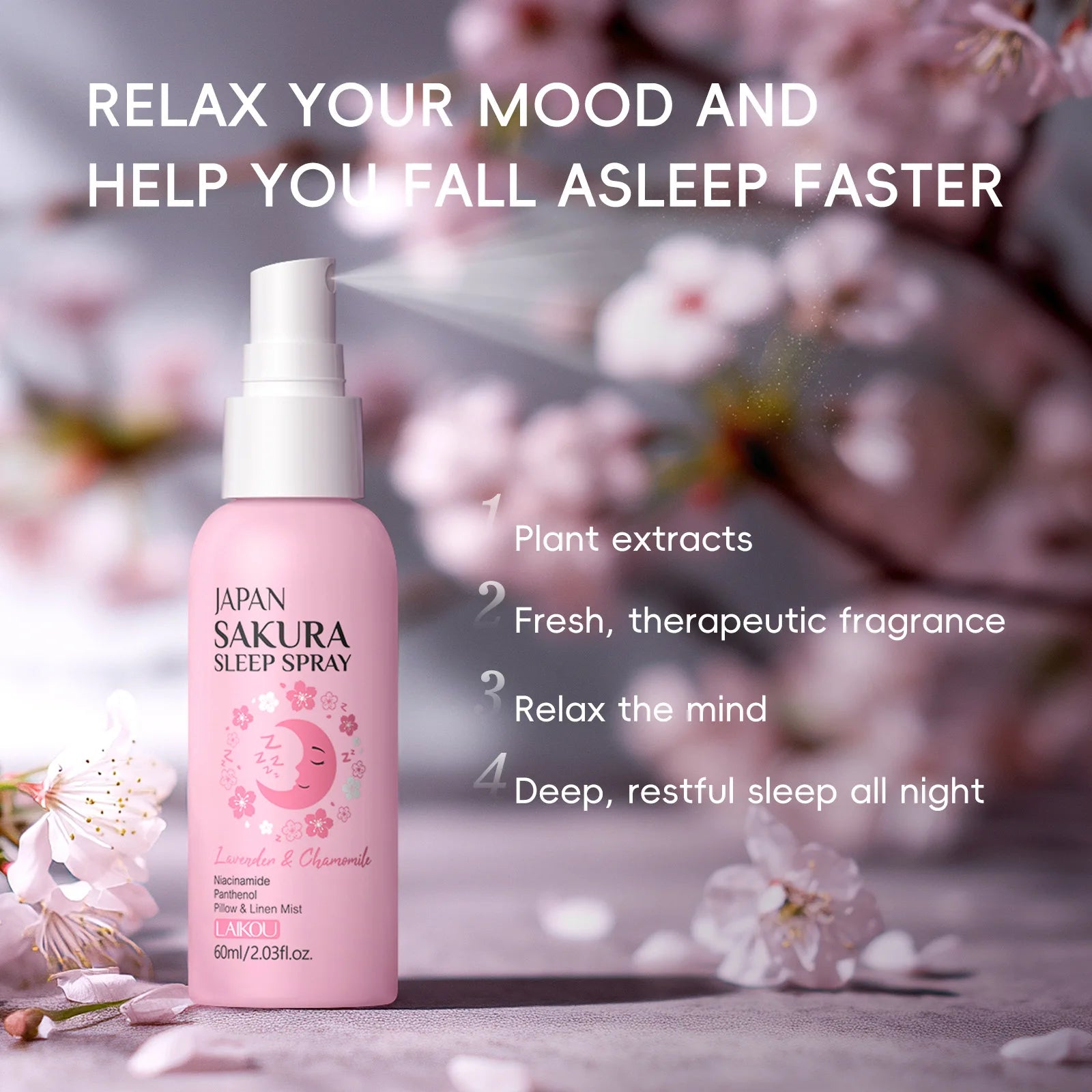 Cherry Blossom Pillow Spray 60ml Travel Size Calming Relaxing Sleep Mist Aromatherapy for Bedroom Helps Promote Relaxation Oasis Select