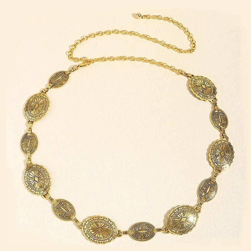 Retro style women's metal waist chain accessories Decorative circle carved chain belt high style accessories Oasis Select