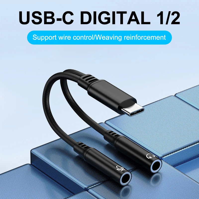 USB-C to Dual 3.5mm Audio Adapter DAC Microphone Connector Cable for Phone15 16 Oasis Select