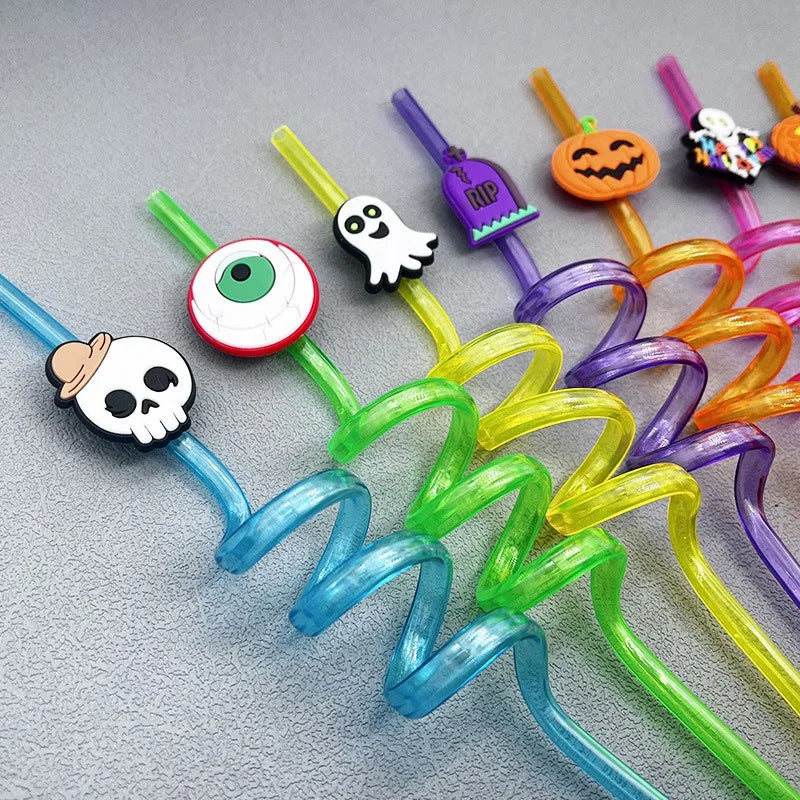 8pcs Halloween Straw Reusable Pumpkin Spiral Plastic Straw Kids Baby Birthday Party Decorations Supplies Drinking Straws Oasis Select