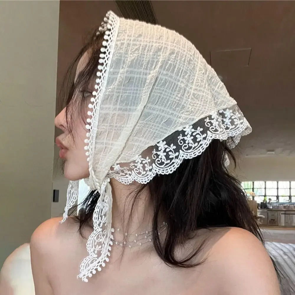 New French Style Triangle Scarf Small Flowers Fabric Turban Bandana Hair Accessories Lace Hair Bands for Spring Summer Oasis Select white