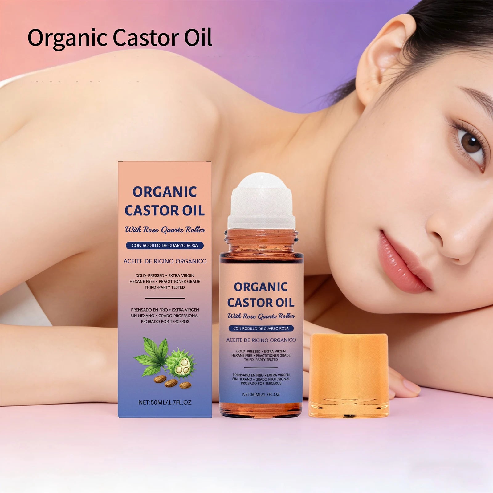 Organic Castor Oil Roller Cold Pressed Unrefined Essential Oil for Hair Eyelash Nail Growth Moisturize Skin Hair Massage Oil Oasis Select