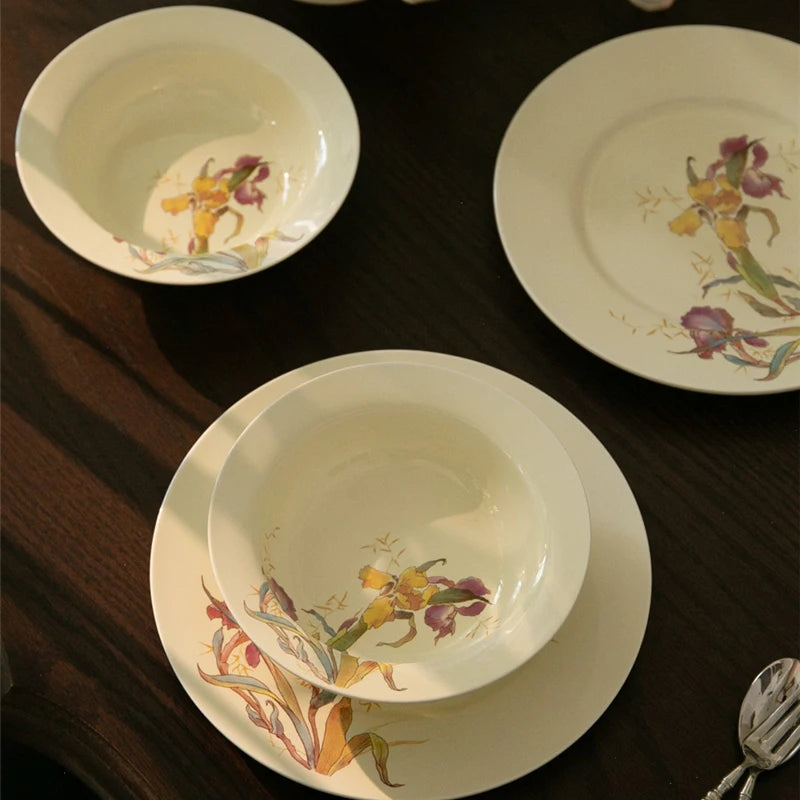 Ceramic Dinner Plate Set French Iris Dessert Bowl Dishes Soup Plate Breakfast Flat Plate Home Kitchen Gourmet Container Oasis Select