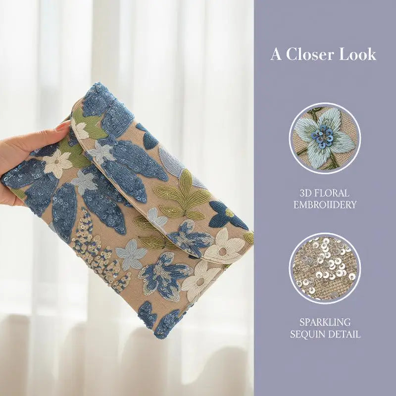 Sequin Floral Embroidery Evening Clutch Bag | Glitter Party Purse