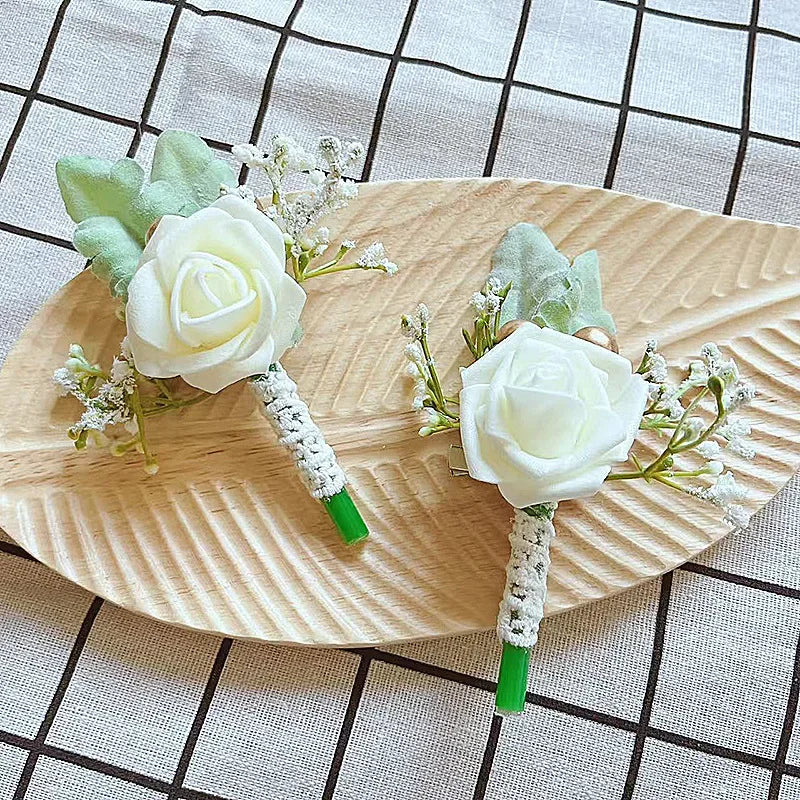 Boutonnieres Flowers Artificial White Roses Silk Ivory Corsage Buttonhole Groomsmen Boutonniere for Men Wedding Accessories Oasis Select