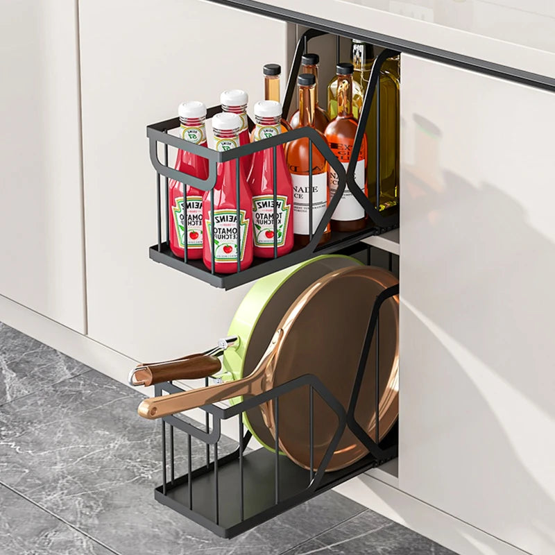 Household Kitchen Pot Storage Box Cabinet Pull Basket Seasoning Storage Drawer Organize Basket Pull Down Sink Shelf Oasis Select