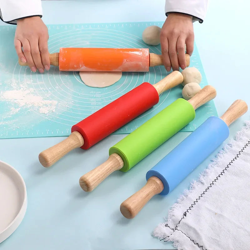 Non-Stick Silicone Rolling Pin Wooden Handle Pastry Dough Flour Roller Kitchen Cooking Baking Tool For Pasta Cookie Dough Oasis Select
