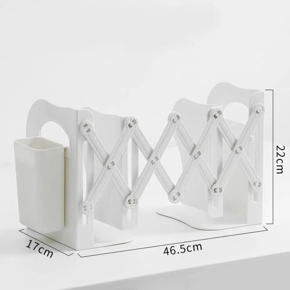 with Pen Holder Retractable Bookends Fixed Book Clip Save Space Adjustable Bookshelf Stationery Simple Divider Book Stand Oasis Select White-L