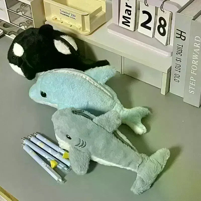 Cute Cartoon Little Dolphin Shark Plush Pen Case Large Capacity Stationery Storage Bag Pencil Case Multi Functional Plush Bag Oasis Select