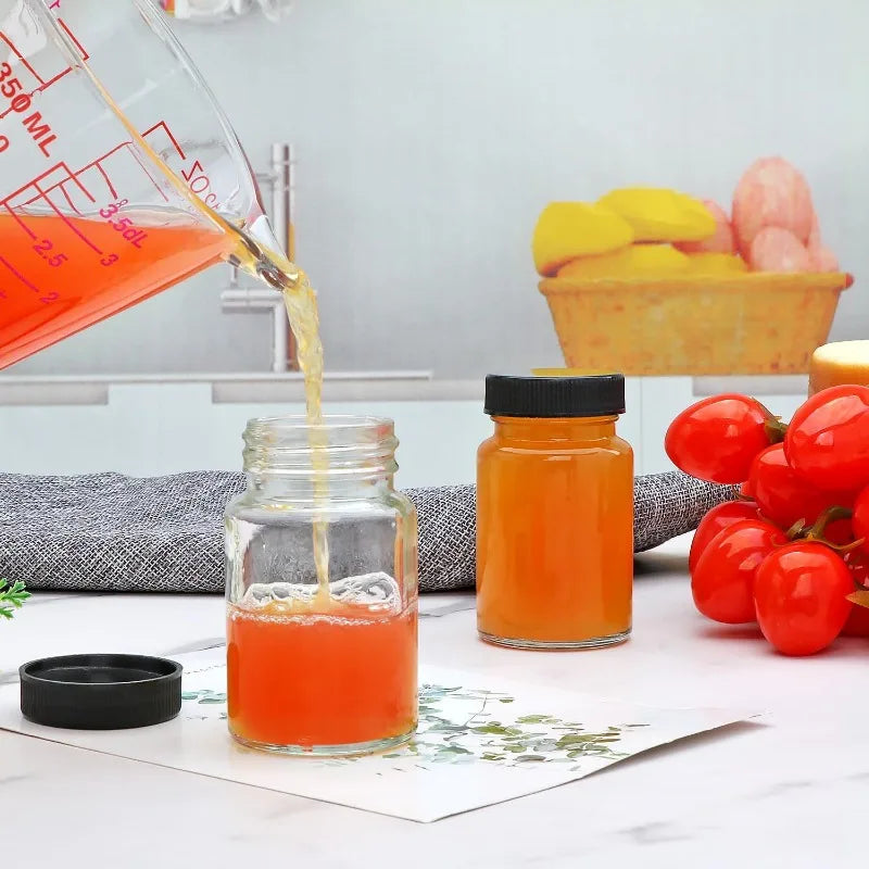 6Pcs Thickened Transparent Mini Glass Bottle with Black Sealed Lid, Reusable Empty Travel Container for Drink Sample Storage Oasis Select