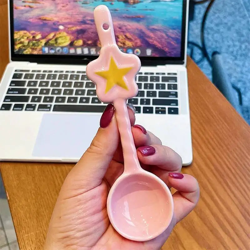 Cute Star Ceramic Soup Spoon Spoon Girly Creative Dessert Breakfast Spoon Tableware Kitchen Tablewear Oasis Select Pink Star Spoon