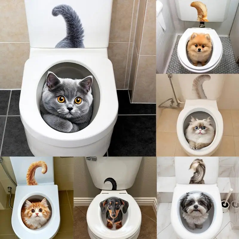3D Cat & Dog Toilet Sticker – Waterproof Removable Bathroom Decal