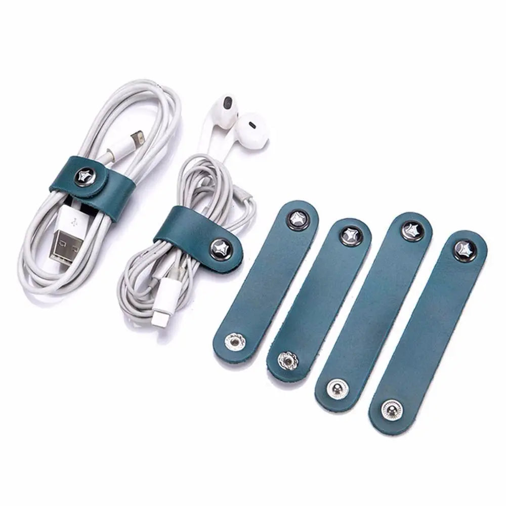 4Pcs Leather Data Cable Organizer Cord Winder Straps Earphone Wrap Winder Charger Protector Tidy Storage Cable Holder Clips Ties Oasis Select blue 4pcs