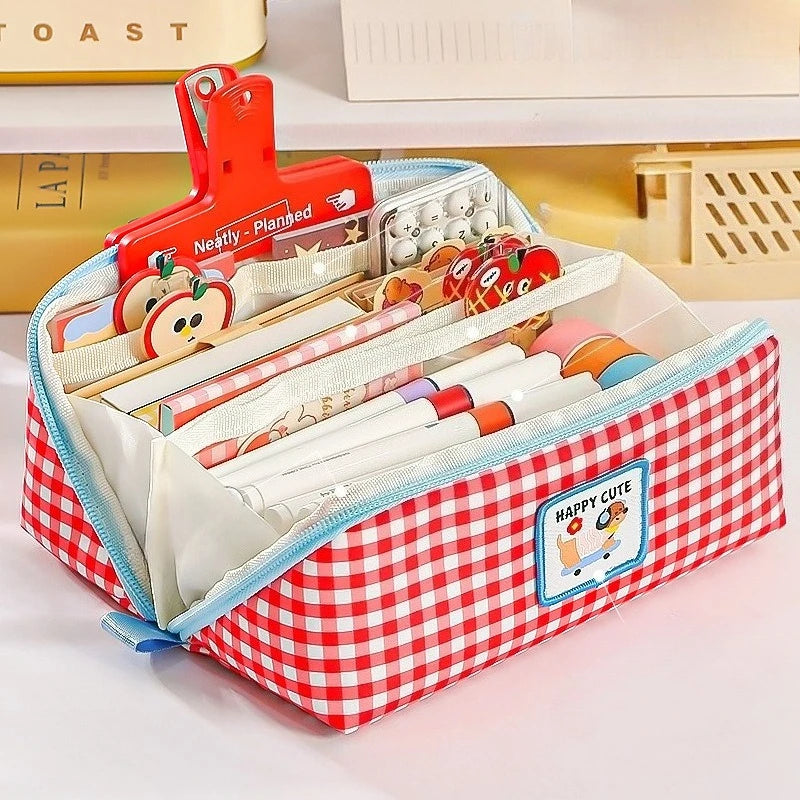 1PCs Cartoon Checkered Large Capacity Pencil Case Student School Desktop Storage Stationery Multi Layer Pen Bag Oasis Select