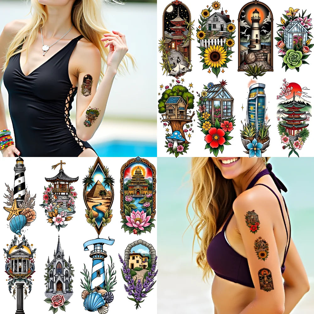 9-Pack Temporary Tattoo Stickers – Lighthouse, Flowers & Church Temporary Tattoo Stickers Oasis Select