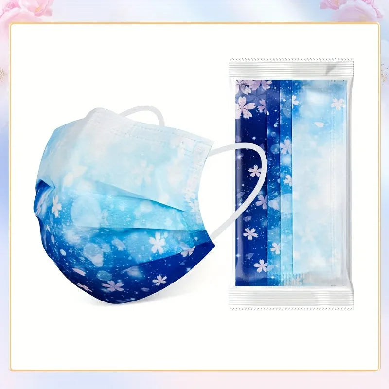 10pcs Romantic Floral & Starry Sky Print Face Masks for Women, 3-Layer Woven Polypropylene, Elastic, Breathable & Sun-Protective Oasis Select 10pcs blue