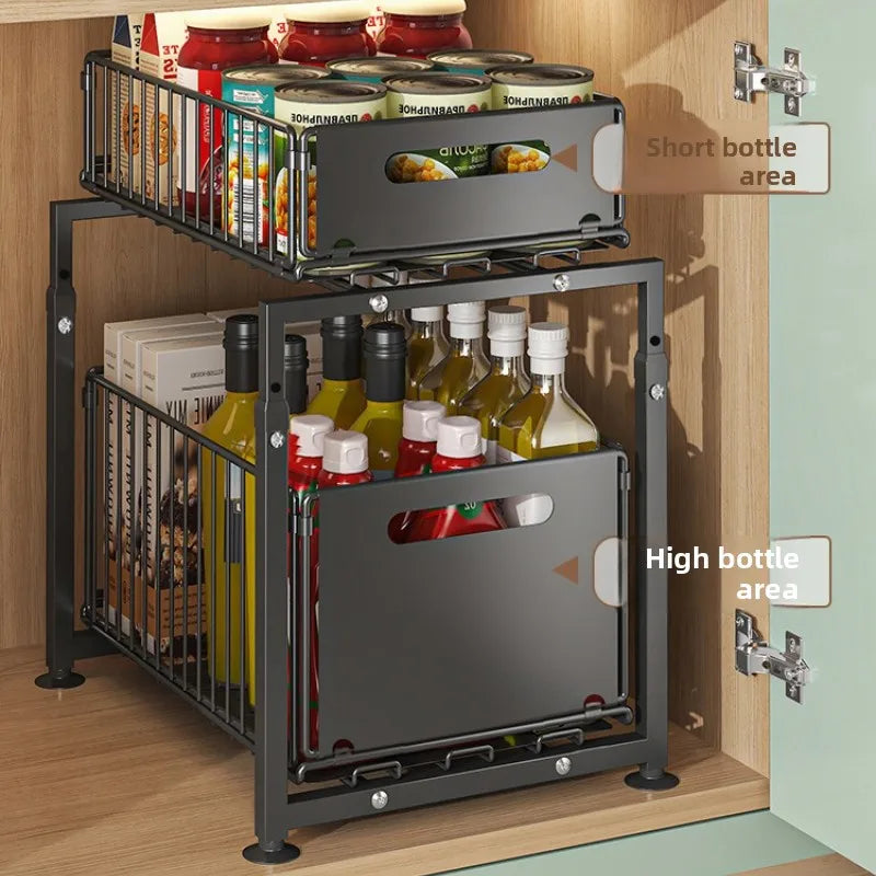 Kitchen lower sink rack, seasoning rack, storage basket, adjustable cabinet pull-out layered rack Oasis Select
