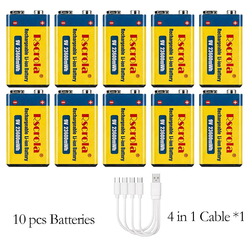 Long-Lasting 9V Lithium ion Rechargeable Battery 23600mWh High Capacity for Guitar Microphone Smoke Detector Pedal with Cable Oasis Select 10 PCS Batteries