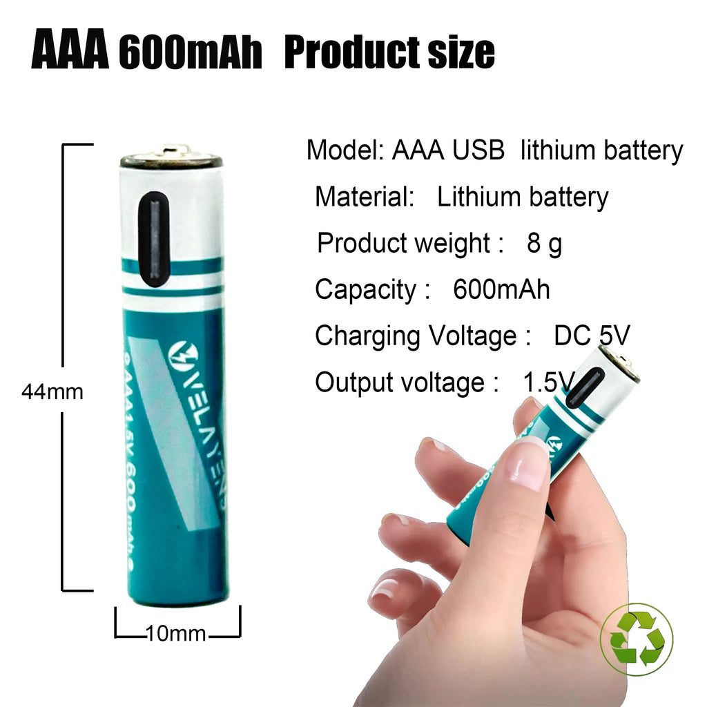 Long Lasting 600mAh AAA Rechargeable Battery Durable AAA Battery with USB C Charge Cable for High-Drain Devices Cameras Remotes Oasis Select