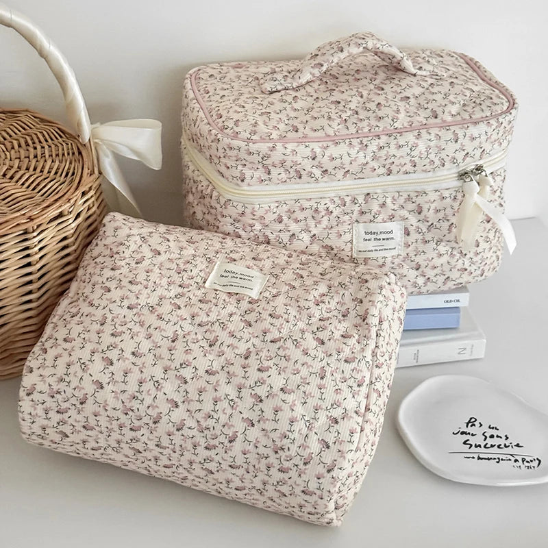 Corduroy Floral Cosmetic Bag – Pink Flower Makeup Pouch