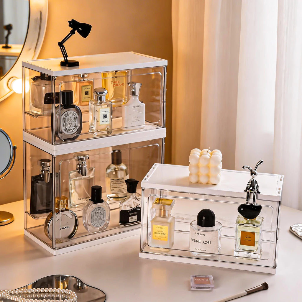 1pc transparent acrylic perfume display box dust belt cover stackable cosmetic storage box cosmetic perfume storage box Oasis Select