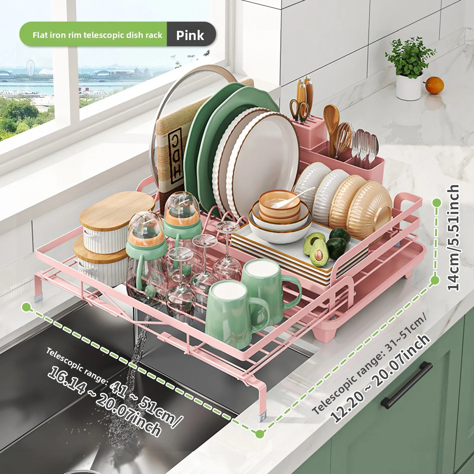 Kitchen Drain Dish Rack Countertop Tableware Cup Storage Rack Multifunctional Retractable Tableware Storage Rack Oasis Select pink
