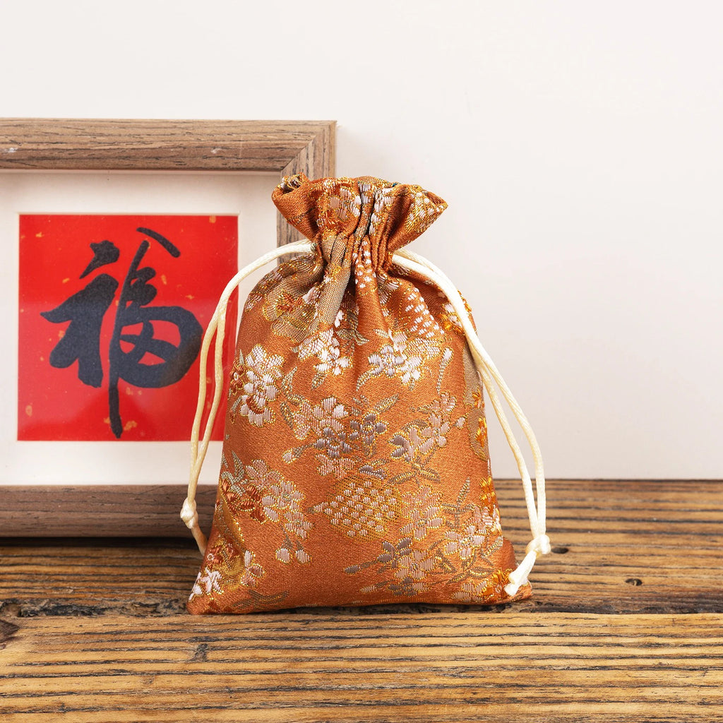 Satin Embroidered Vintage Storage Bag Christmas Drawstring Adjustable Wedding Birthday Jewllery Packing Gift Bags Pouches Oasis Select Orange Other 13x18cm