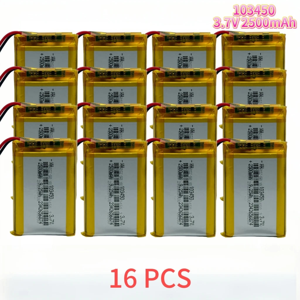 Hotsale 103450 3.7V 2500mAh Polymer Lithium Rechargeable Battery jst PH 2.0mm 2pin plug for Camera GPS navigator MP5 Headset Oasis Select 16 PCS
