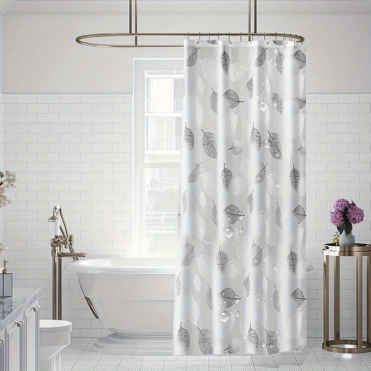 Eco Friendly PEVA Waterproof Bath Curtain Rustproof Grommets Leaf Design Modern Bathroom Decor Set Includes Hooks Oasis Select