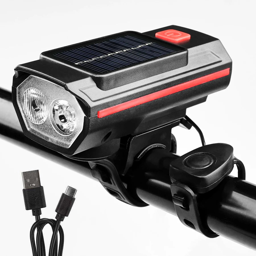 Solar Bicycle Light with Horn 120dB TYPE-C Rechargeable MTB Road Bike Front Lamp Flashlight Bicycle Light 1200 mah Oasis Select QD-4601