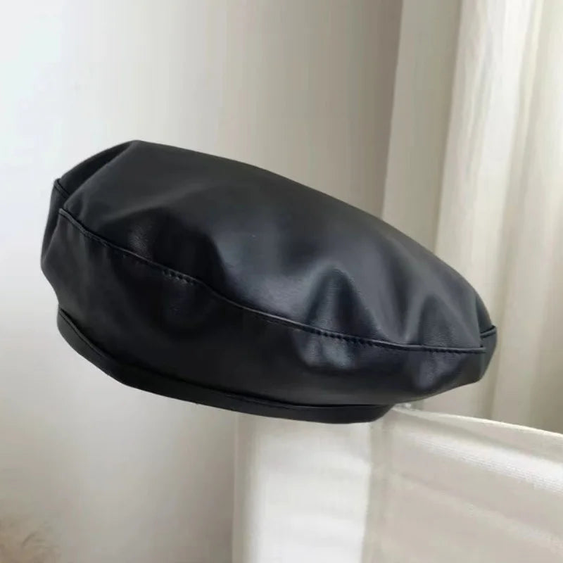 Women Girl Beret Hat French Retro Artist Beanie Hat Elegant Solid Color PU Leather Lady Painter Cap Spring Autumn Lady Berets Oasis Select